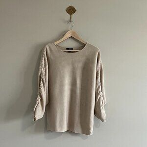 A.N.A Ribbed Cream Sweater Top | Ruched Sleeve Stretch Knit | Medium